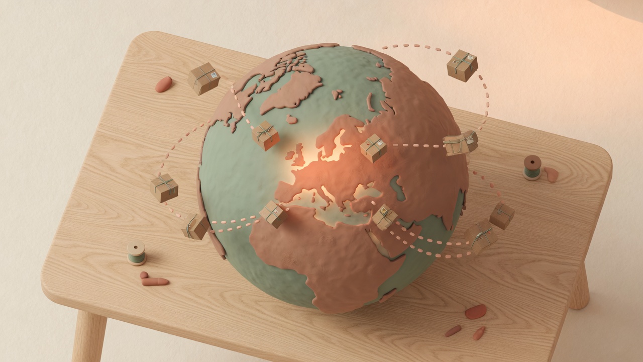 Soft illustration of Earth and Europe with parcel routes