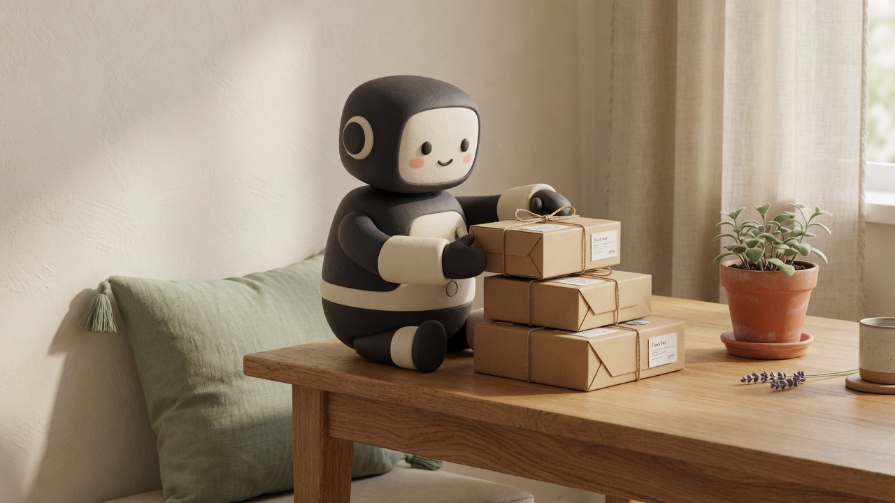 Friendly robot sorting parcels on a wooden table