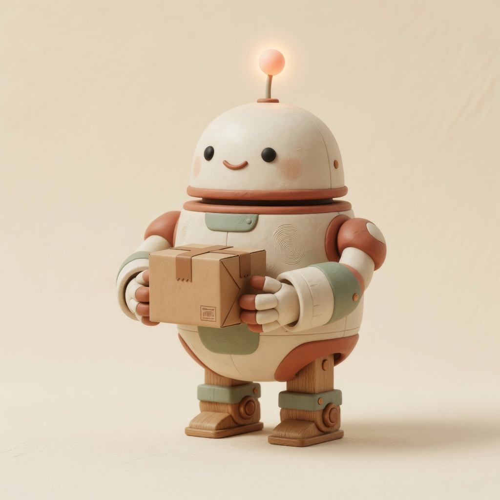 ParcelPool robot mascot holding a parcel